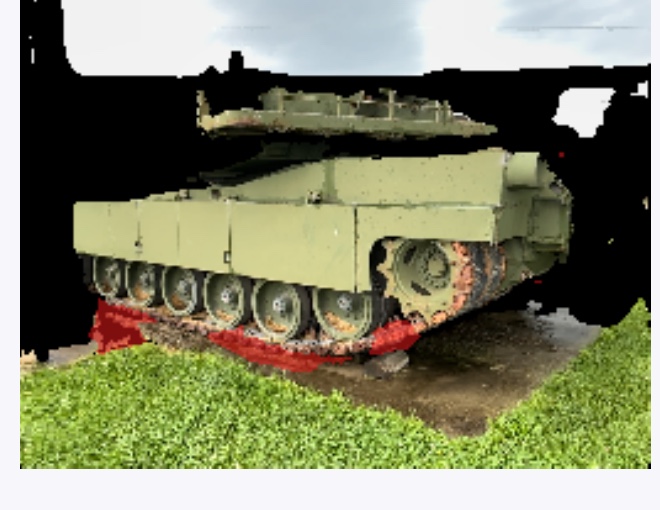M1 Abrams hull · ATLAS defect detection · source frame with red mask overlay